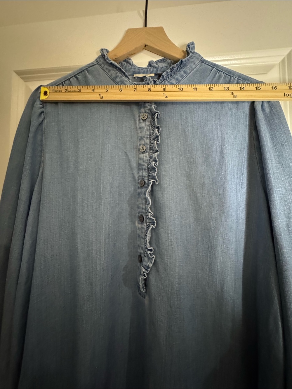 Light Wash Denim Tunic Dress with Ruffle Placket - Picture 5 of 6